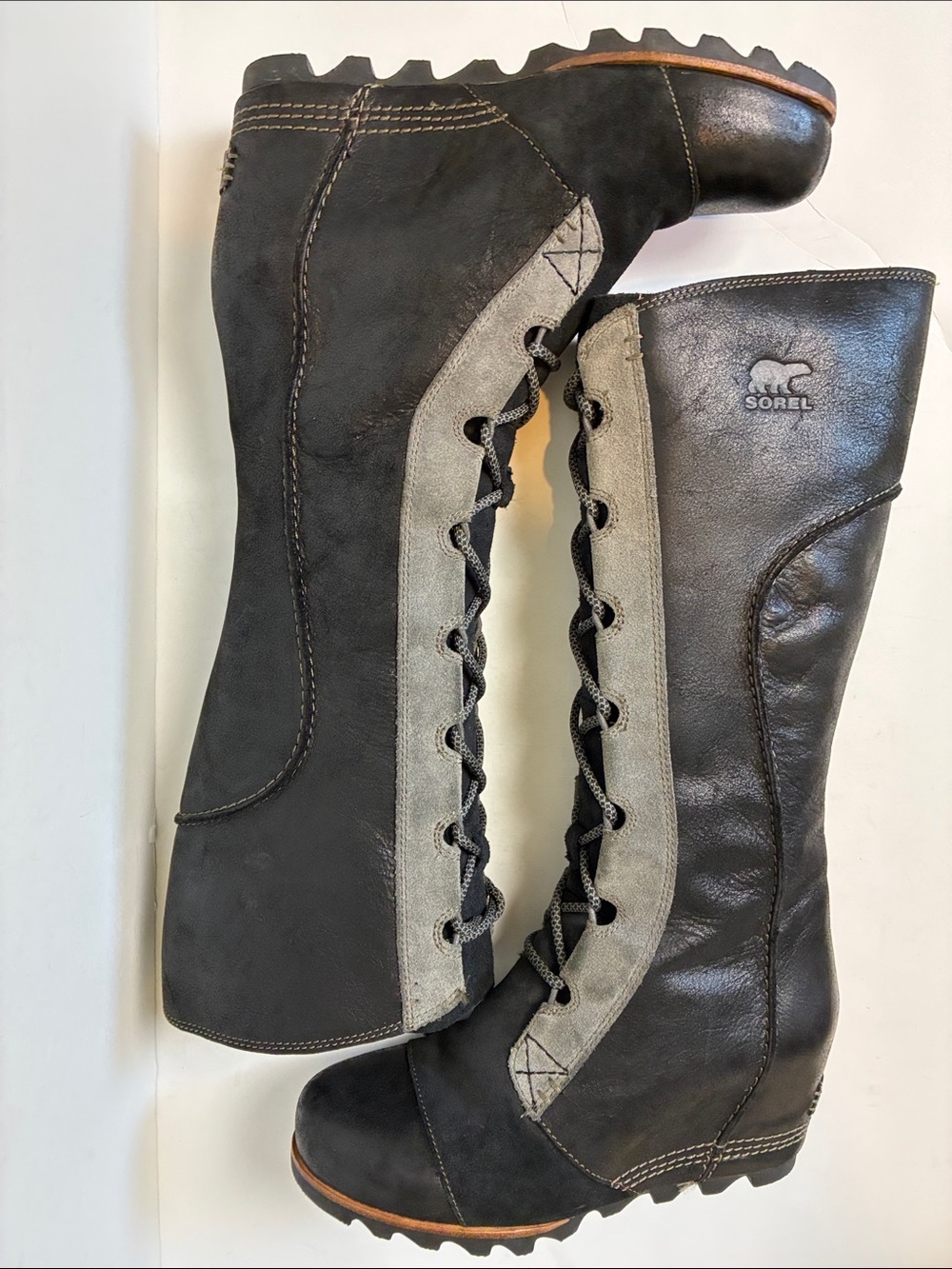 Sorel Cate the Great Wedge Lace Up Moto Rare Black Grey Gray Knee High Boots 9 - Picture 15 of 16